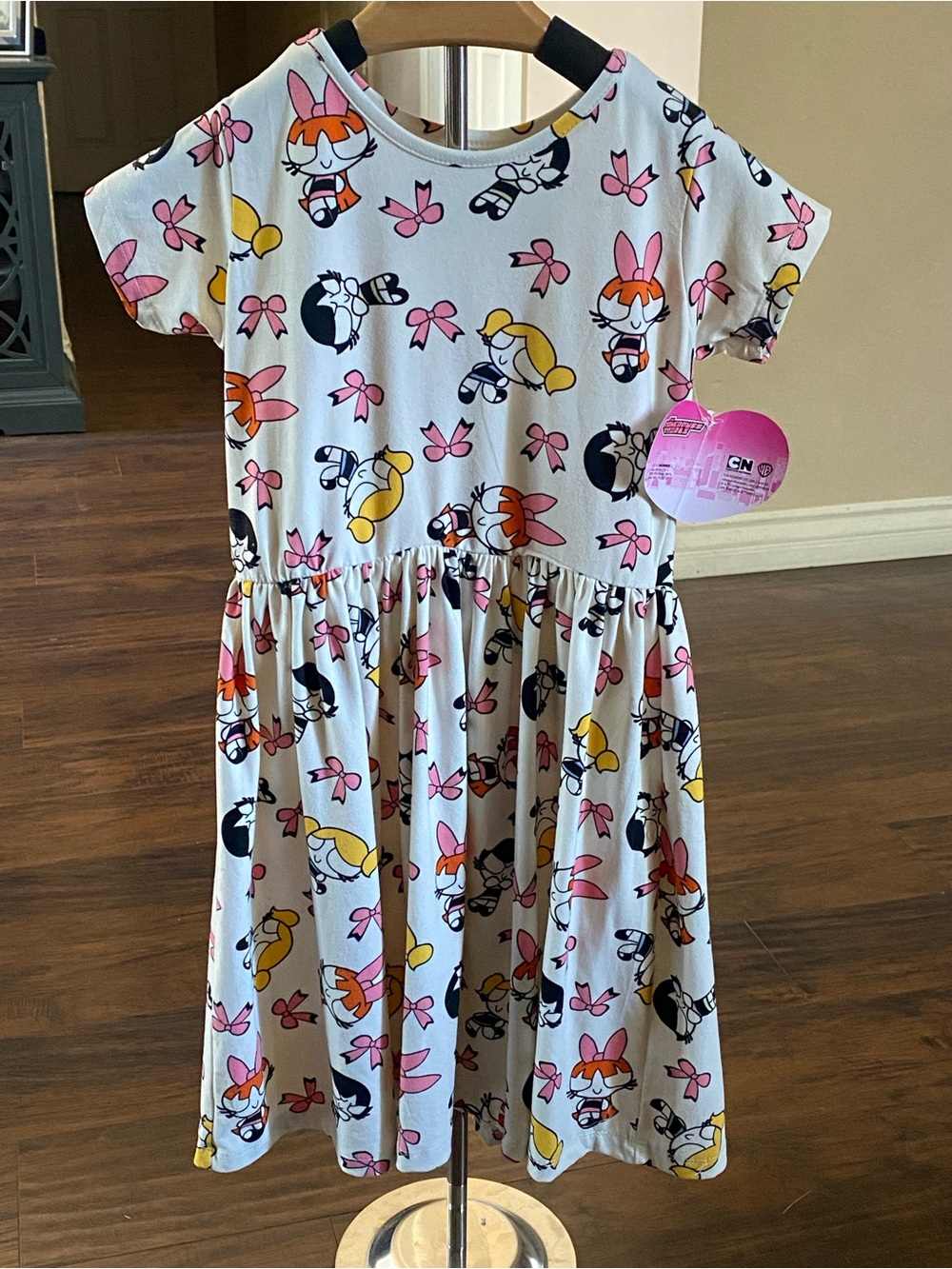 Powerpuff Girls off White Short-Sleeve Kids Dress with Pink & Yellow Accents